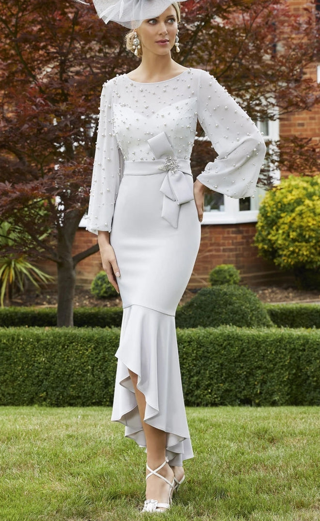 The mermaid ball sleeves pearls embellished mother of the bride dress - light grey