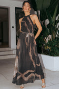 Brown Halterneck Belted Maxi Dress