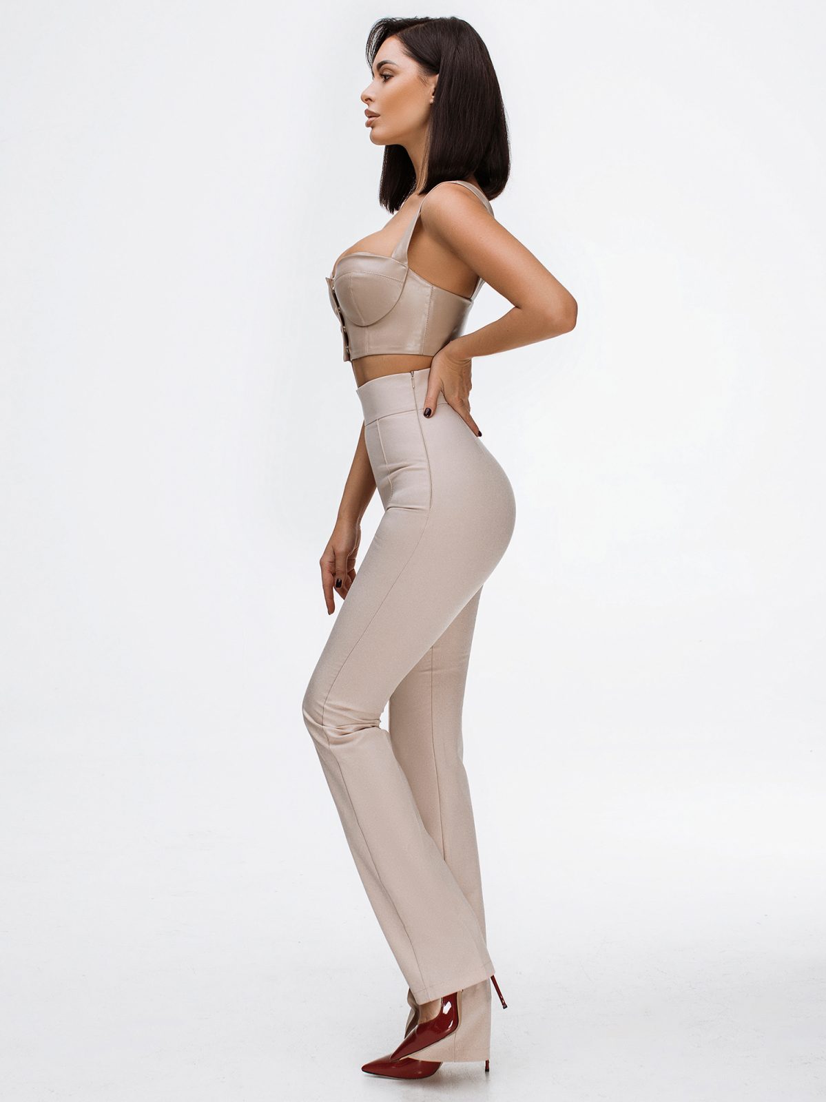 Side view of one-shoulder long sleeve top in blue and white stripe — sizes XXS to M