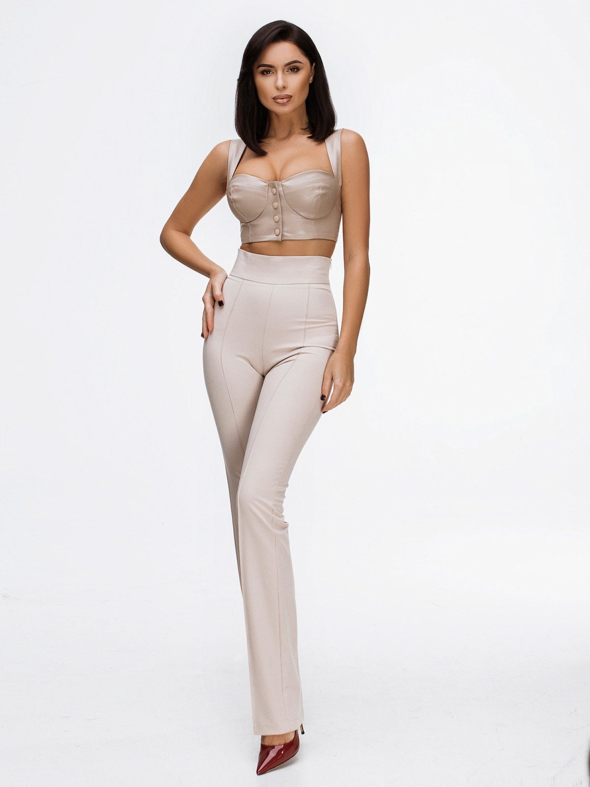 beige trousers with high-waist beige high waist wide leg tailored trousers