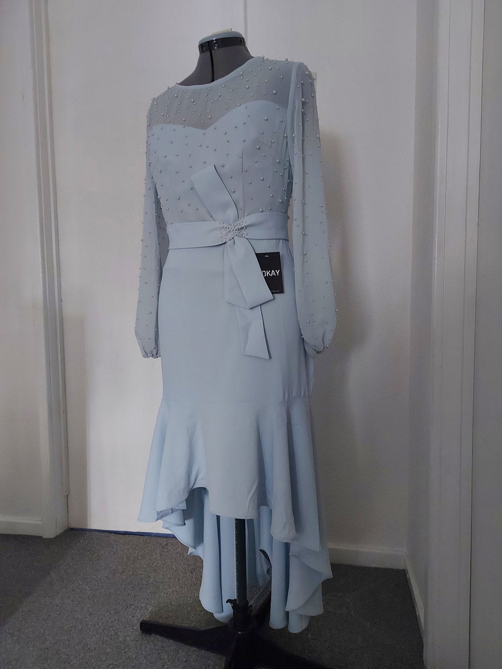 The mermaid ball sleeves pearls embellished mother of the bride dress - light grey
