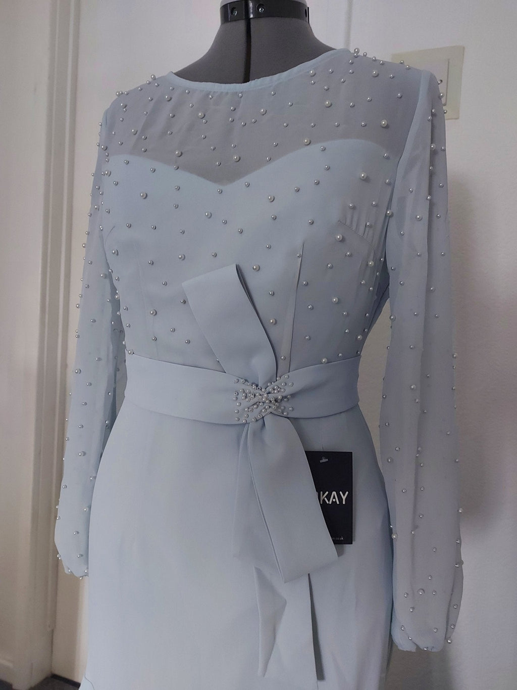 The mermaid ball sleeves pearls embellished mother of the bride dress - light grey