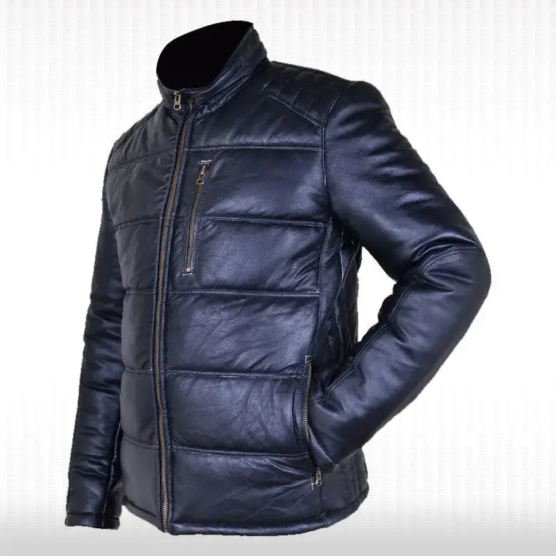 Men’s Black Leather Quilted Bomber Jacket