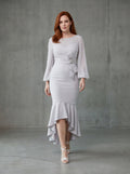 The mermaid ball sleeves pearls embellished mother of the bride dress - light grey