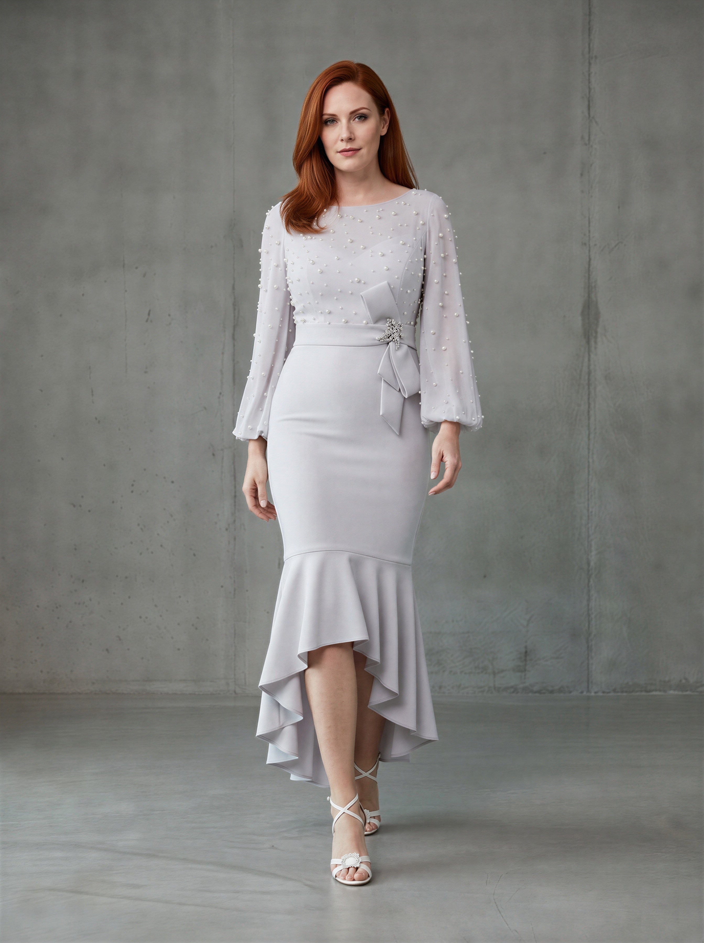 The mermaid ball sleeves pearls embellished mother of the bride dress - light grey